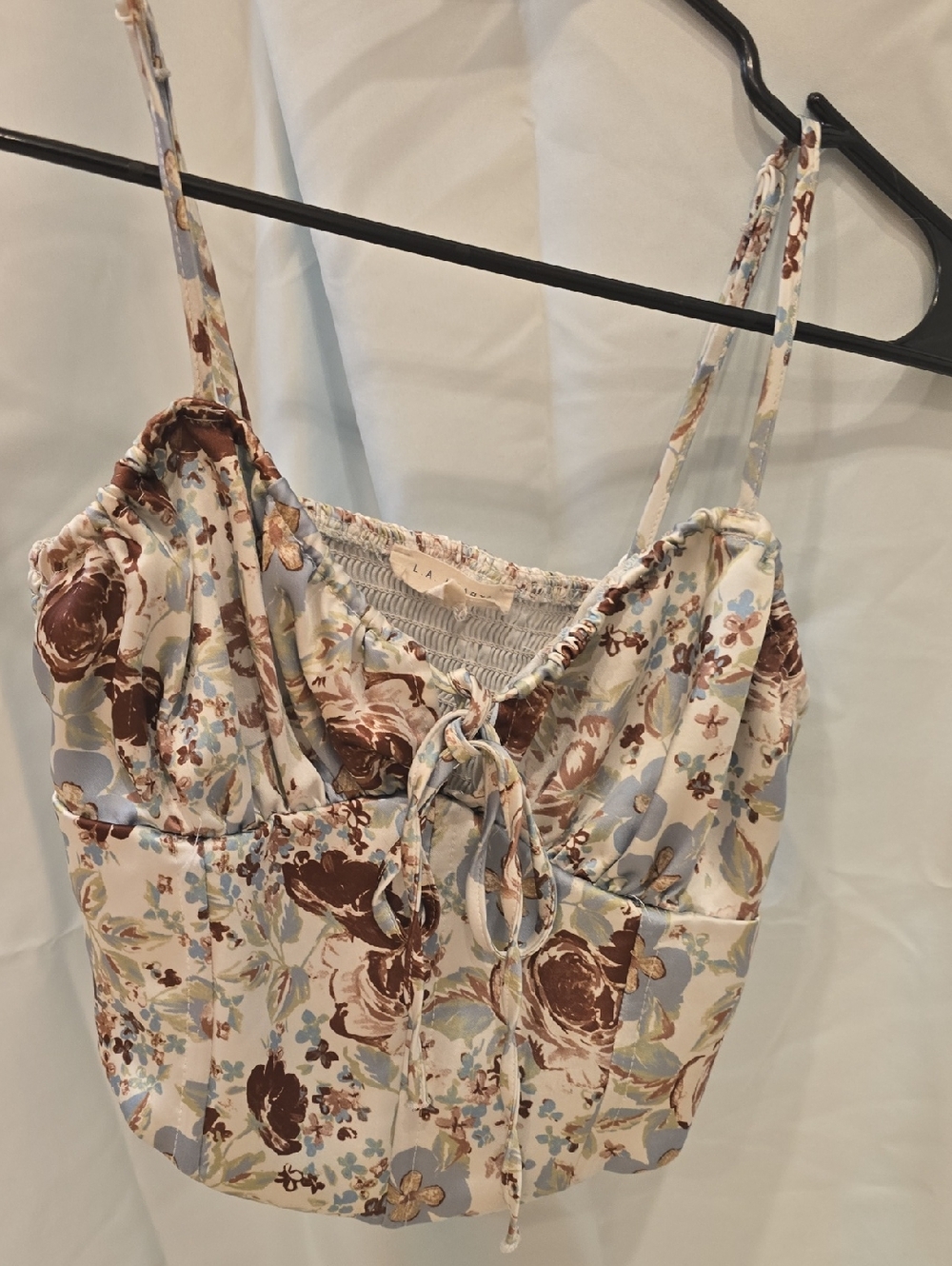 La Hearts Floral Tie-Front Camisole in Cream, Brown & Light Blue